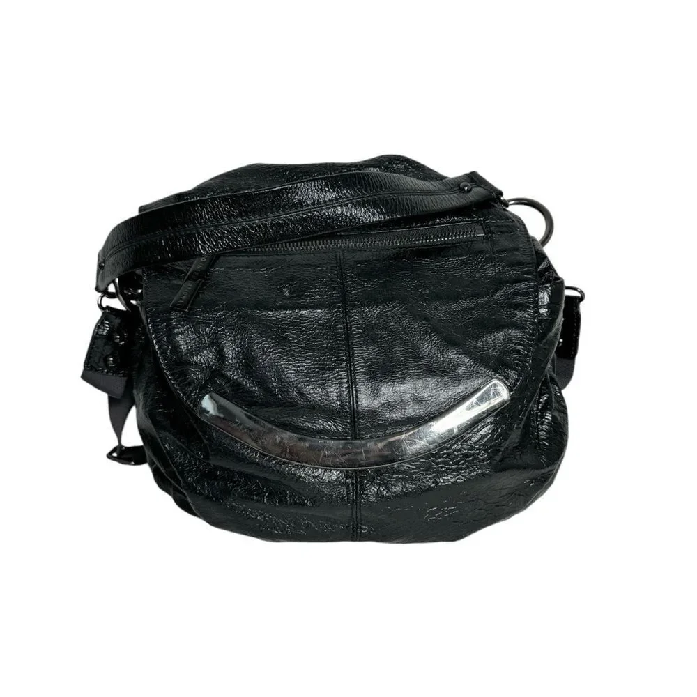 Hobo International Black Patent Leather Slouchy Convertible Hobo Bag Carryall